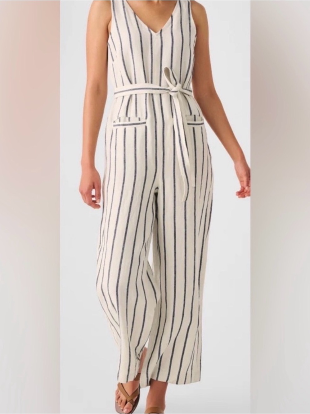 Faherty Catalina linen Tie-Waist Jumpsuit - Ivory/Navy. XXS